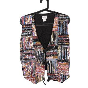 VTG Halsey Patchwork Vest M Boho Hippie Toggles Lagenlook Festival Indie TieBack